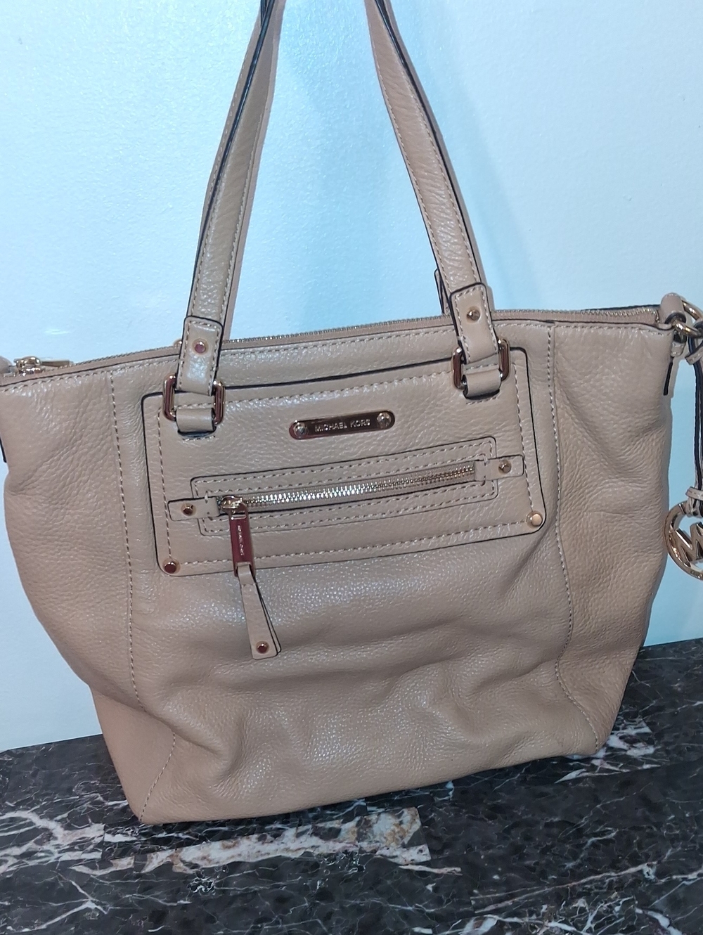 Michael Kors Taupe Pebbled Leather Tote with Gold Hardware